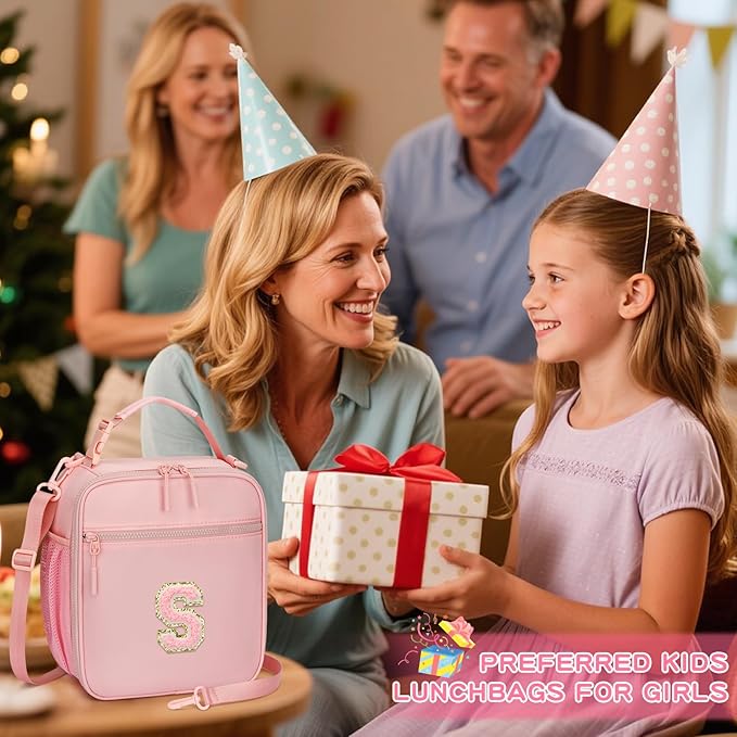 Initial Insulated Lunch Bag for Girls Kids, Back to School Gift, Reusable Leak-proof Lunch Box with Adjustable Strap for School Daycare Travel Picnic (Pink,S)