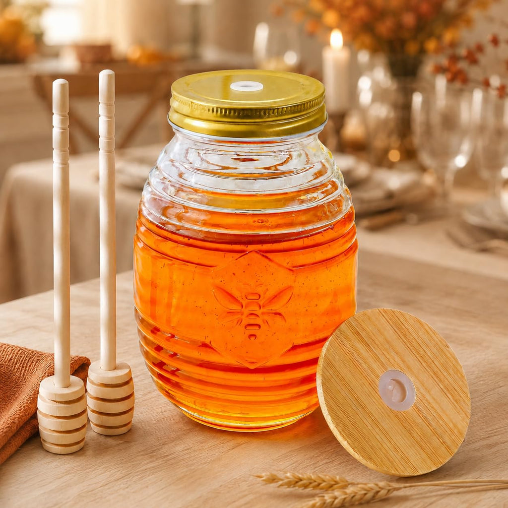 Kate Aspen 24oz. Bee Hive Shaped Honey Glass Mason Jar with Two Wooden Honey Dippers, Bamboo & Metal Lid, Kitchen Decor, Bumblebee Baby Shower Prize, Take Home Gift, Bee Decorations