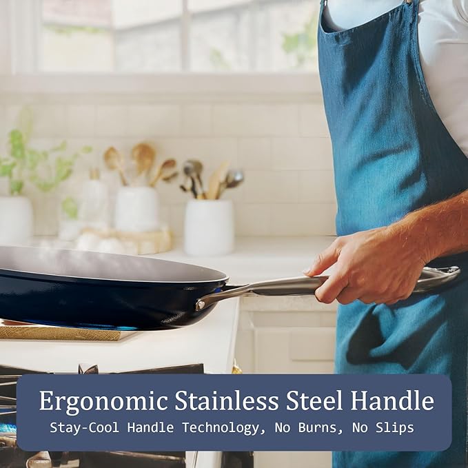 Nonstick Ceramic Frying Pan 10 Inch Induction Compatible - Non Toxic, PTFE/PFOA/PFAS Free, Oven & Dishwasher Safe up to 500°F - Non Stick Small Skillet with Stay-Cool Handle - Navy Blue