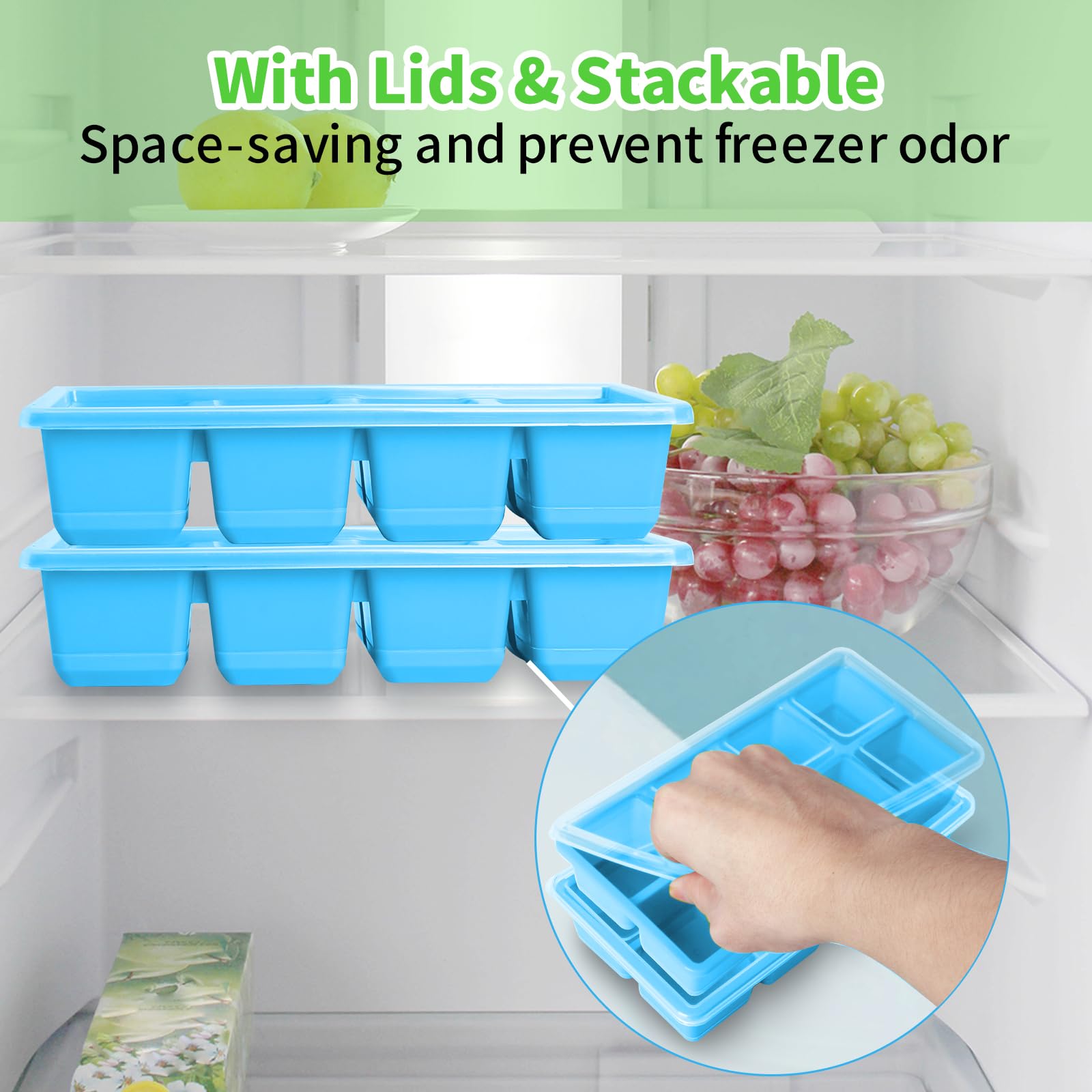 FURNSII Silicone Ice Cube Tray for Freezer with Lid, 2 Pack