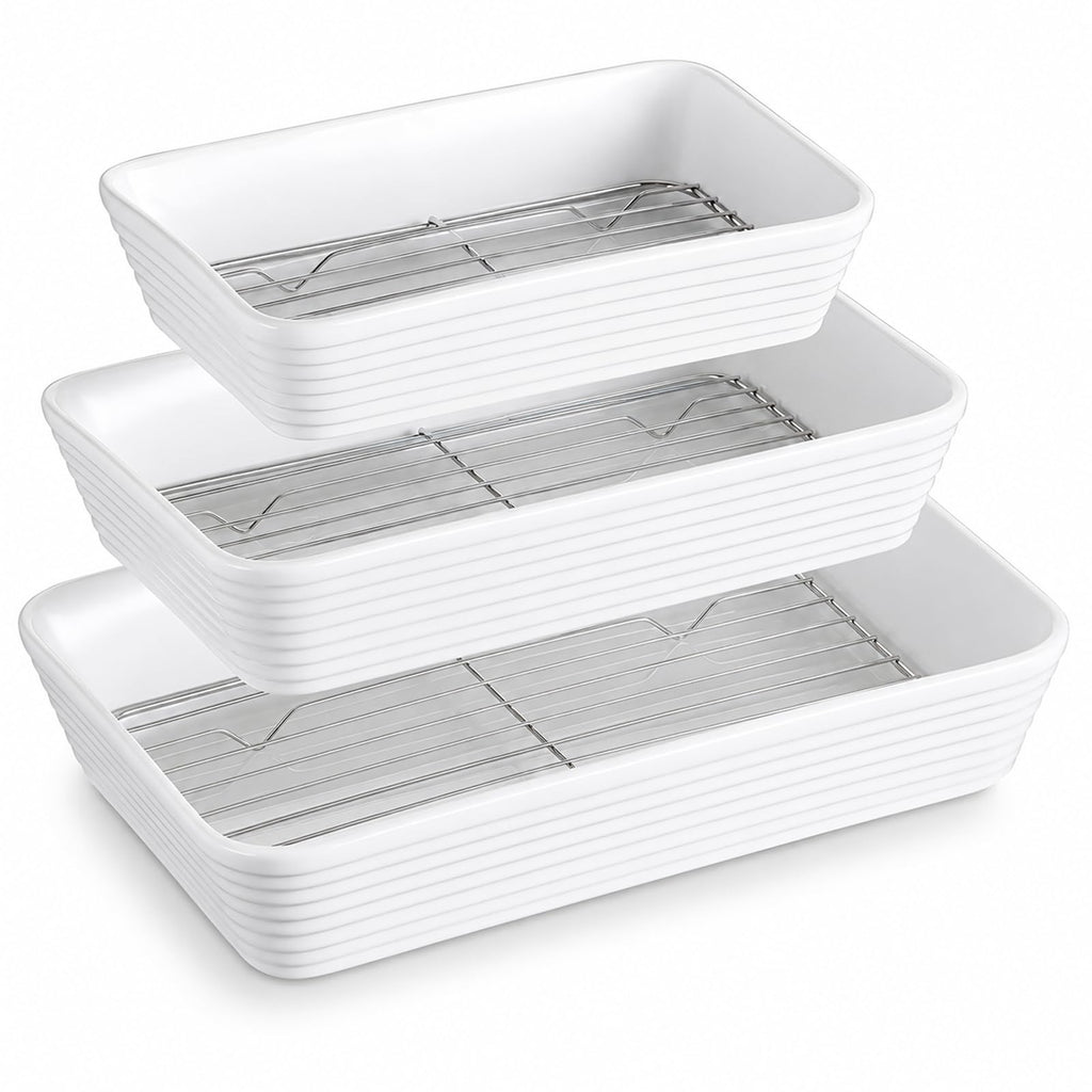 ONEMORE Baking Dishes for Oven, 9x13 Large Casserole Dishes for Oven with Roasting Racks, Rectangular Ceramic Baking Dish Set of 3 for Cooking & Serving, Deep Dish Lasagna Pan (3QT/2.1QT/1.3QT)