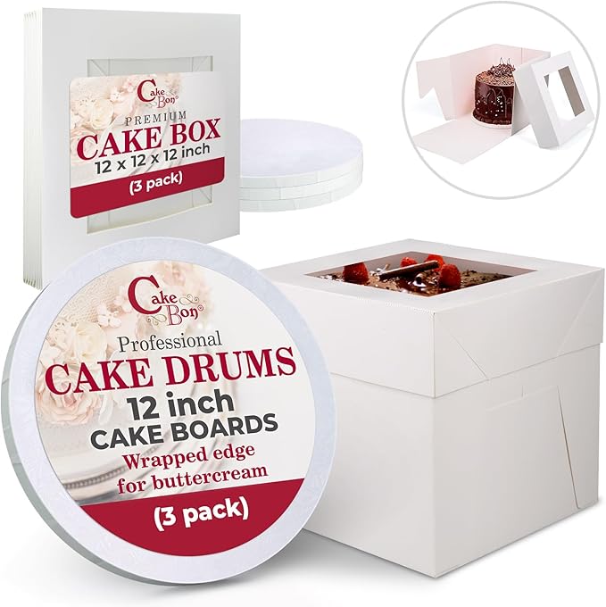 Cakebon Cake Boxes with Boards - 12 Inch Round Cake Drum White (3-pack) - Box With Window for Birthdays, Weddings and Parties