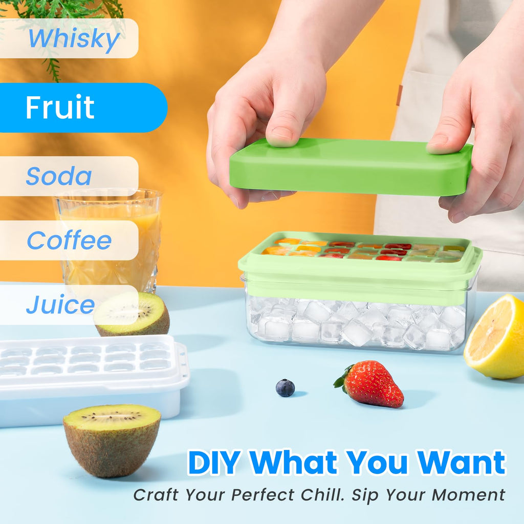 0.8“ Ice Cube Tray with Lid and Bin, PHINOX 28 Cubes Ice Trays for Freezer, Ice Cube Trays for Freezer with 1 tray, Container, Lid & Ice Scoop, BPA Free, Green(28Cubes/Tier)