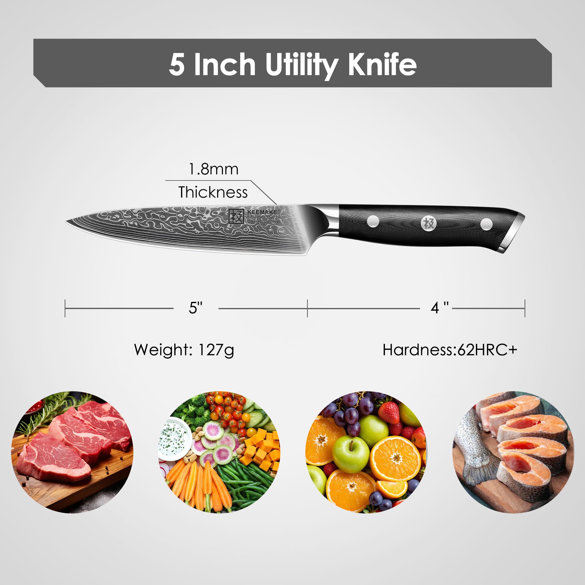 KEEMAKE Paring Knife, 5 Inch 67-Layer Damascus Steel Fruit Knife with Ergonomic G10 Handle, Multipurpose Kitchen Knife for Fruit and Vegetable Cutting