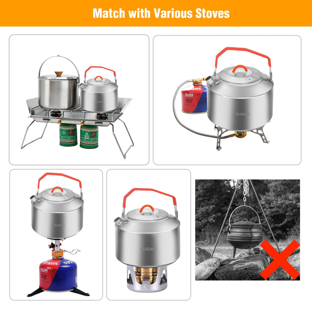 REDCAMP 1.6L Outdoor Camping Kettle, Lightweight Stainless Steel Water Pot with Carrying Bag, Compact Camp Tea Kettle Coffee Pot for Hiking Picnic Camping
