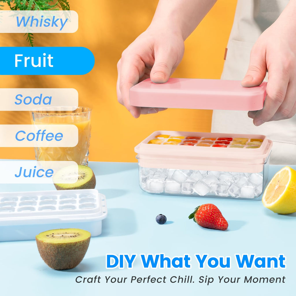 0.8“ Ice Cube Tray with Lid and Bin, PHINOX 84 Cubes Ice Trays for Freezer, Ice Cube Trays for Freezer with 3 trays, Container, Lid & Ice Scoop, BPA Free, Pink(28Cubes/Tier)