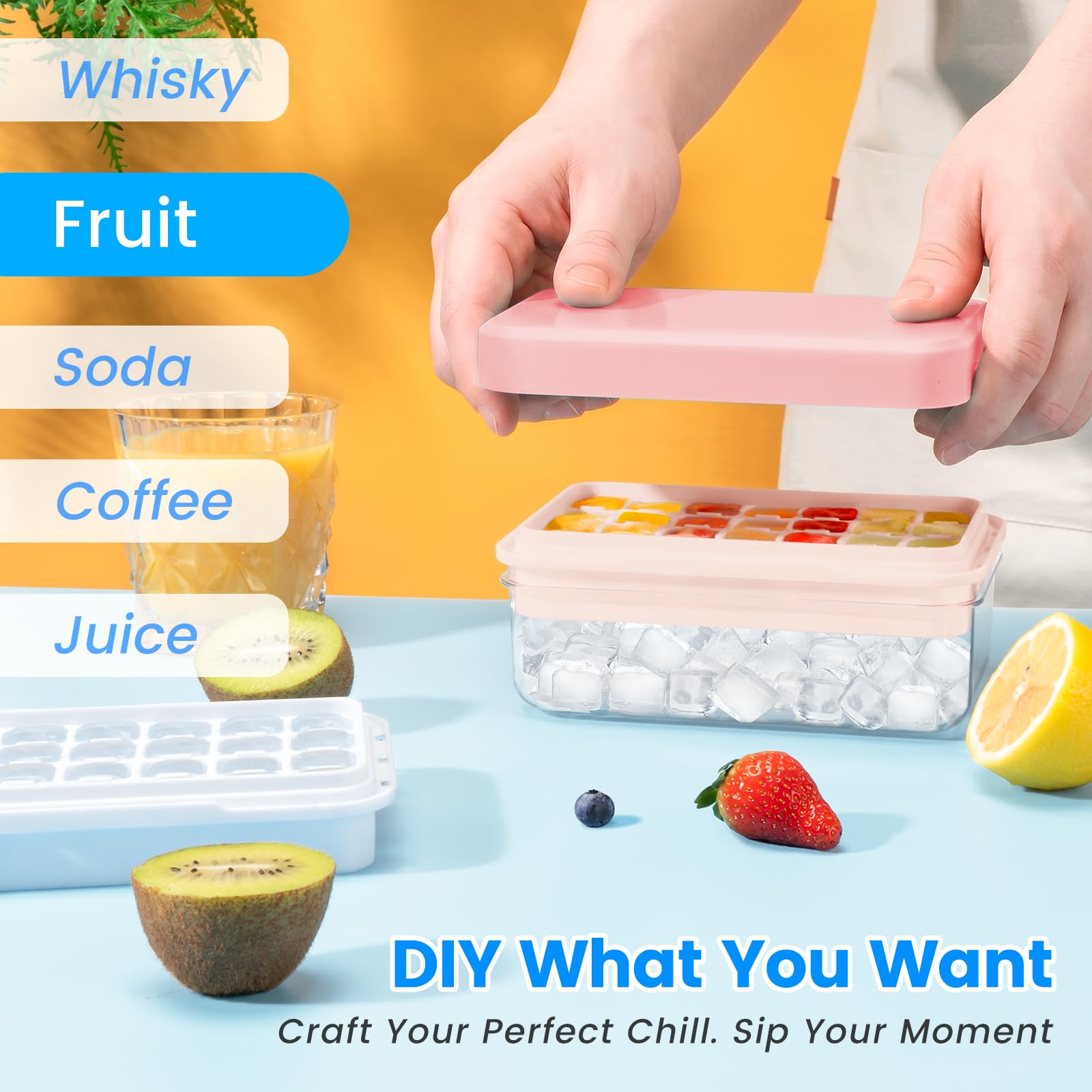 0.8“ Ice Cube Tray with Lid and Bin, PHINOX 84 Cubes Ice Trays for Freezer, Ice Cube Trays for Freezer with 3 trays, Container, Lid & Ice Scoop, BPA Free, Pink(28Cubes/Tier)