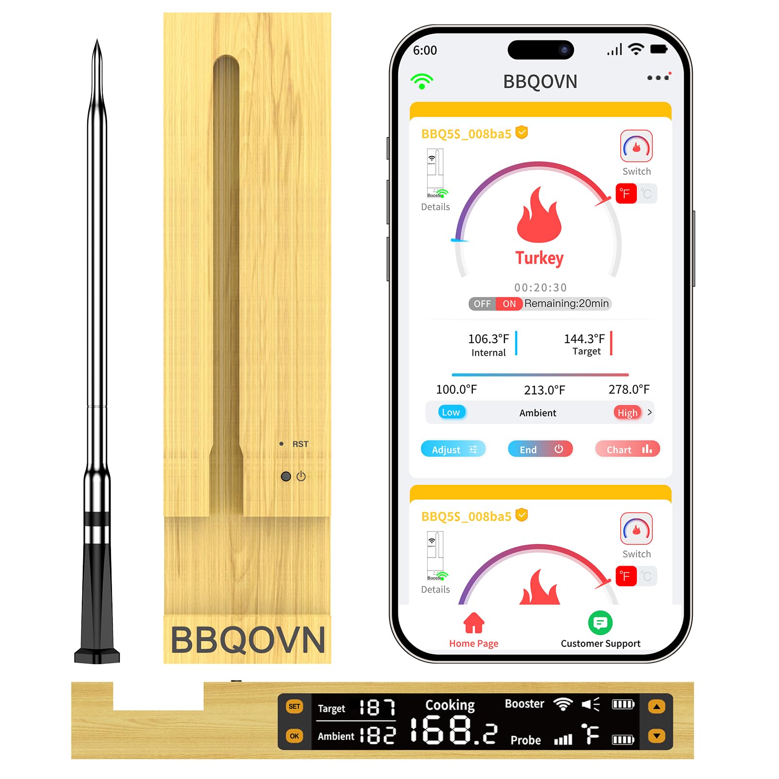 BBQOVN WiFi Sub-1G Wireless Meat Thermometer Unlimited Range, Check Temp Anywhere,7 NIST Certified Sensors with Ambient Temp, Monitor for BBQ, Grill, Oven, Smoker, Air Fryer (Harvest Bamboo)