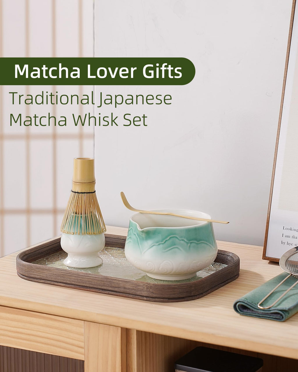 ZENS Matcha Whisk Set, 5pcs Matcha Kit Set Includes Ceramic Bowl, Bamboo Whisk and Chasen Holder, Scoop & Tea Mat for Matcha Ceremony, Blue