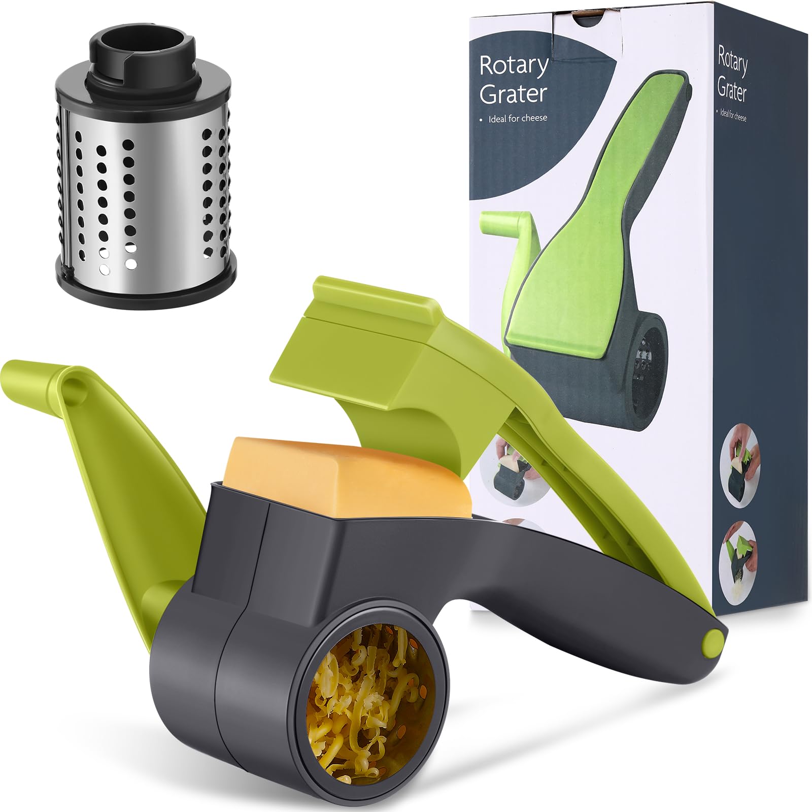 Boao Rotary Cheese Grater Manual Handheld Cheese Grater with Stainless Steel Drum for Grating Hard Chocolate Nuts Kitchen Tool Christmas favors(Gray Green)