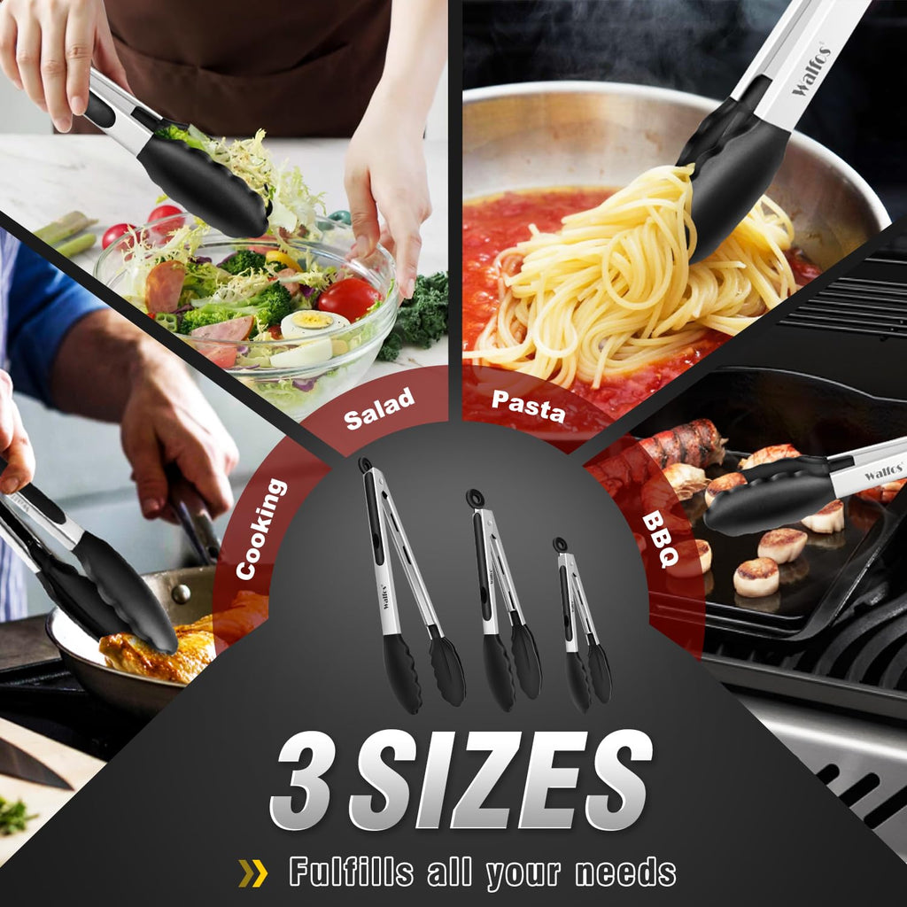 Walfos Kitchen Tongs - Heat Resistant Cooking Tongs Set of 3, Stainless Steel and BPA Free Silicone Tips, Great for Cooking, Grilling, Turning, 7" 9" and 12" (3 black silicone tongs)