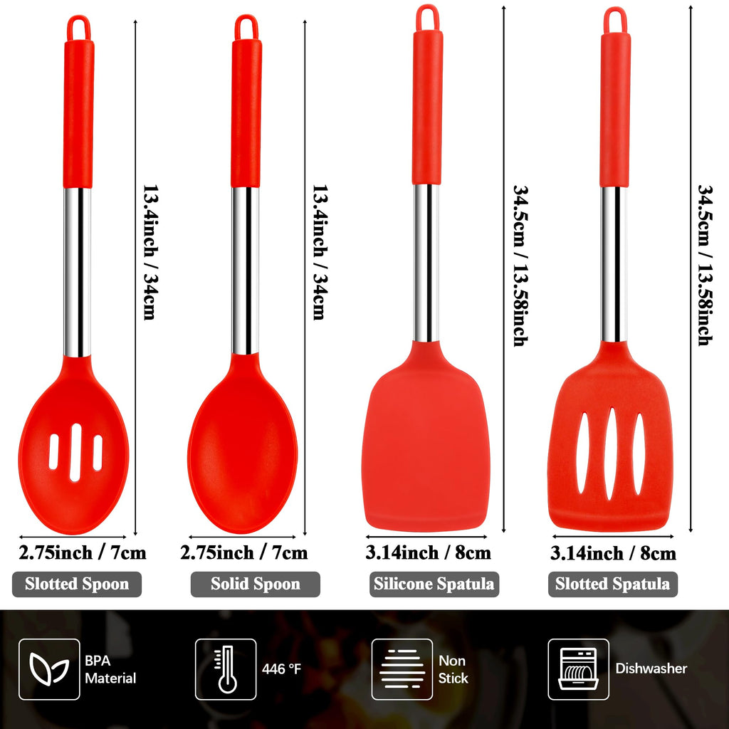 Silicone Spatula Spoon Set, 4 PCS Silicone Cooking Utensils Spatula Spoon Set with Stainless Steel Handle, BPA Free Kitchen Turners for Frying, Mixing, Serving, Draining, Turning, Stirring, Red