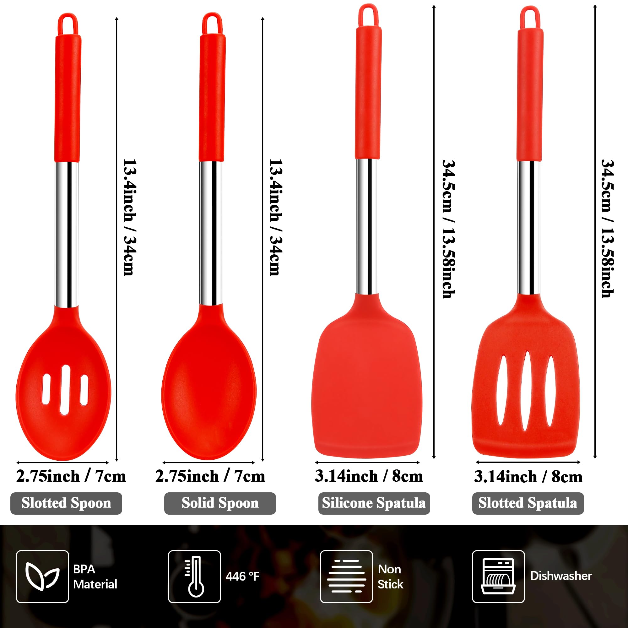 Silicone Spatula Spoon Set, 4 PCS Silicone Cooking Utensils Spatula Spoon Set with Stainless Steel Handle, BPA Free Kitchen Turners for Frying, Mixing, Serving, Draining, Turning, Stirring, Red