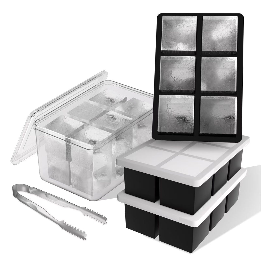 Samuelworld Large Ice Cube Tray with Lid and Bin: 2 Inch Silicone Old Fashioned Ice Cube Mold with Lid and Bin, Big Square Ice Cube Maker for Whiskey-3 Pack (With Ice Tong)