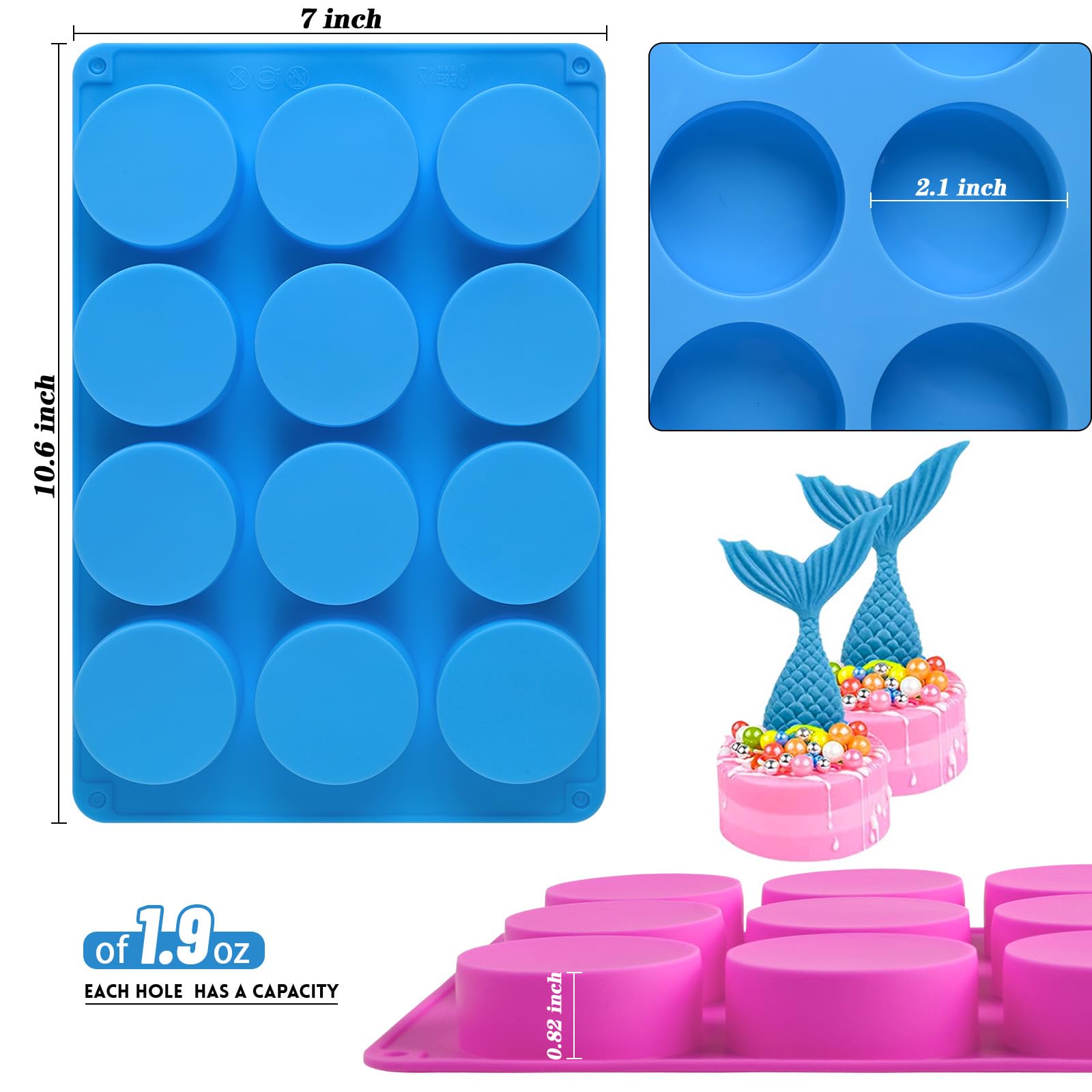Sakolla 3 Pcs Round Chocolate Cookie Molds, 12-Cavity Cylinder Silicone Molds for Chocolate, Cake, Candy, Pudding, Mini Soap (2 Rose Red+1 Blue)