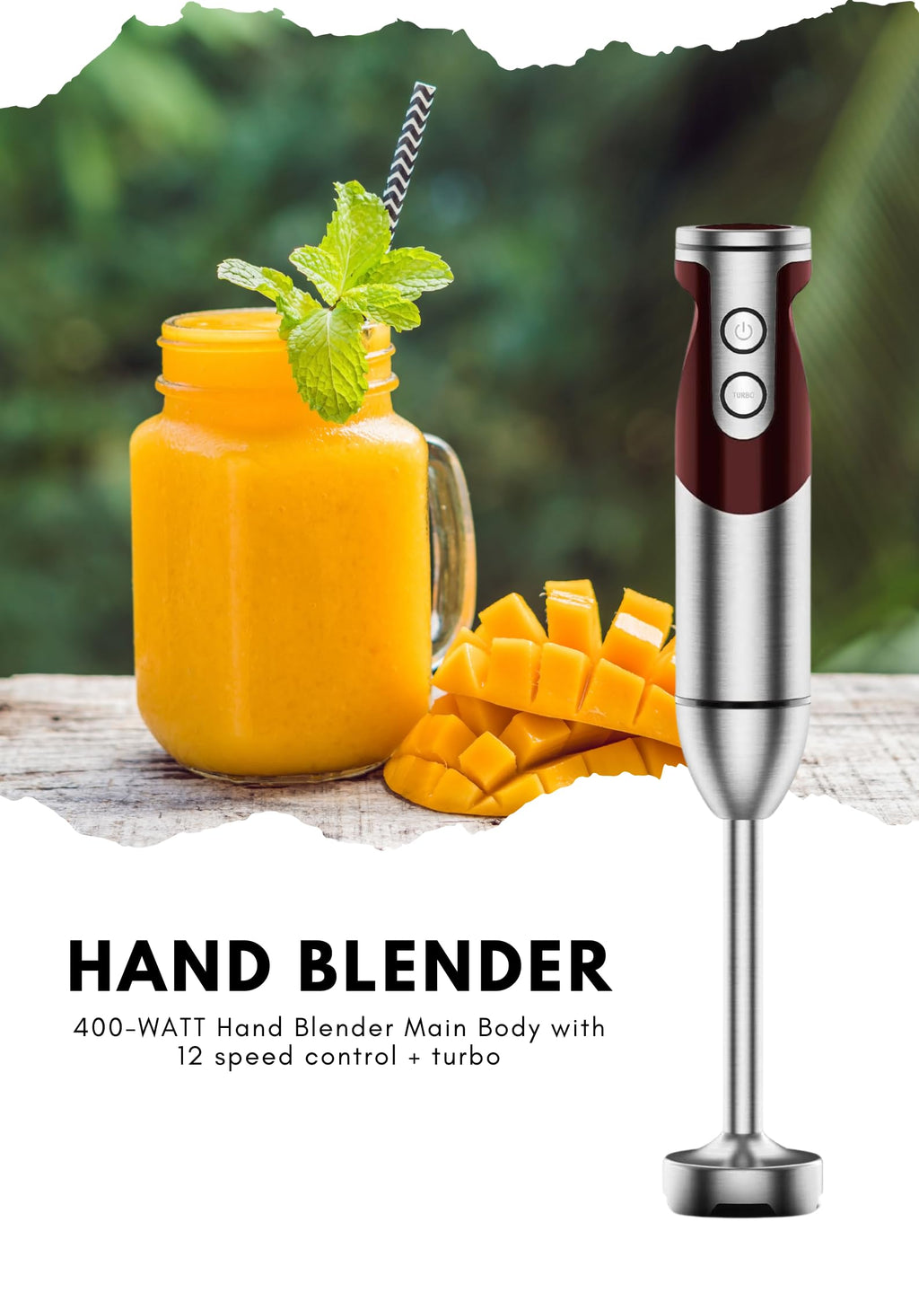 MEGAWISE new Hand Blender Series Single Hand Blender,no attachments,12-Speed,Includes Powerful Blender Stick- Easy to Clean and Perfect for Smoothies, and More (RED)