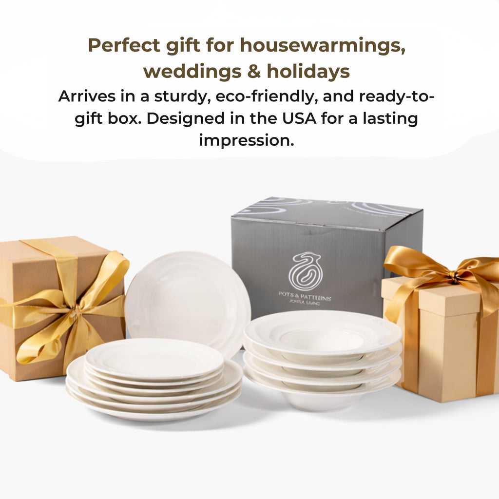 Pots & Patterns Organic Wave Dinnerware Set, 12-Piece Nature-Inspired Porcelain Dinner Plates & Bowls Set for 4, Wide Rimmed Pasta Bowls, Modern White Dishes for Hosting, Dishwasher & Microwave Safe