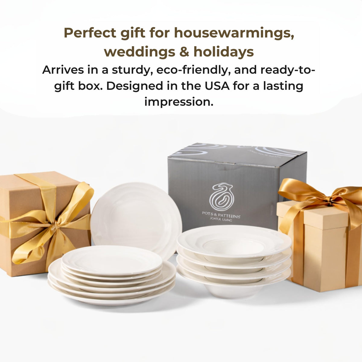 Pots & Patterns Organic Wave Dinnerware Set, 12-Piece Nature-Inspired Porcelain Dinner Plates & Bowls Set for 4, Wide Rimmed Pasta Bowls, Modern White Dishes for Hosting, Dishwasher & Microwave Safe