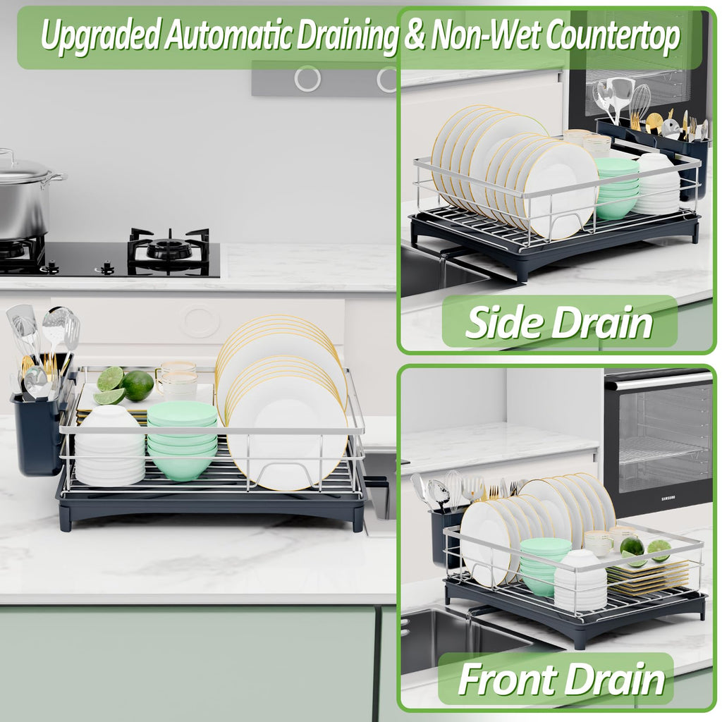 TITIMIO Dish Drying Rack - Space-Saving Dish Rack for Kitchen Counter with Removeable Cutlery Holder,Rustproof & Sturdy Auto-Drain Organizer for Plates,Cups,Knife,Silvery