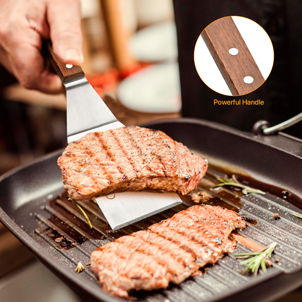 QILIYINI 2 Pcs Stainless Steel Spatula Turner for Cast Iron Skillet, Grill Spatula with Wooden Handle, Heavy Duty Pancake Turner Metal