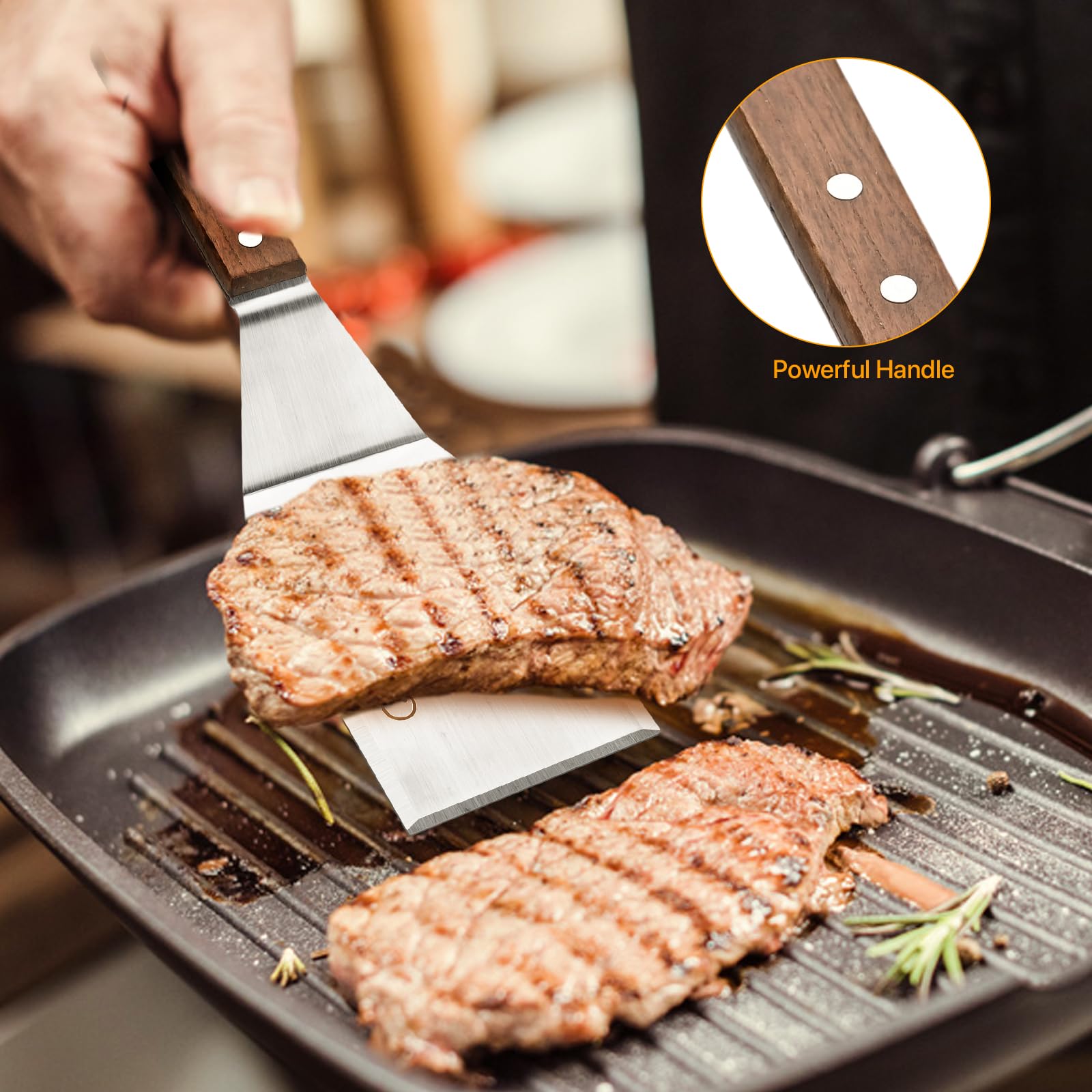 QILIYINI 2 Pcs Stainless Steel Spatula Turner for Cast Iron Skillet, Grill Spatula with Wooden Handle, Heavy Duty Pancake Turner Metal