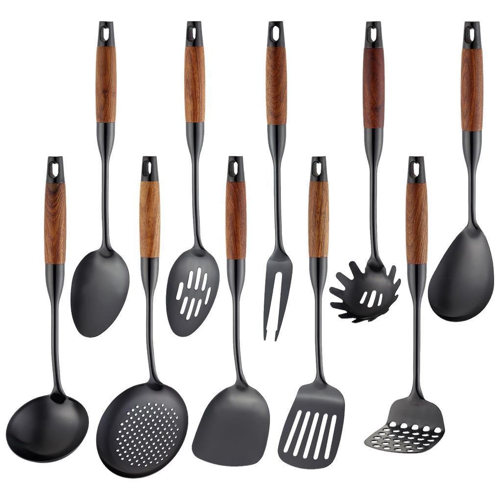 Izurok18/10 Stainless Steel Kitchen Utensils Set,10 Piece Cooking Utensils With Wood Handle,Heat Resistant Kitchen Tool Set With Spatula,Spoon,Ladle,Skimmer,Slotted Turners,Pasta,Turner,Ladl,Fork