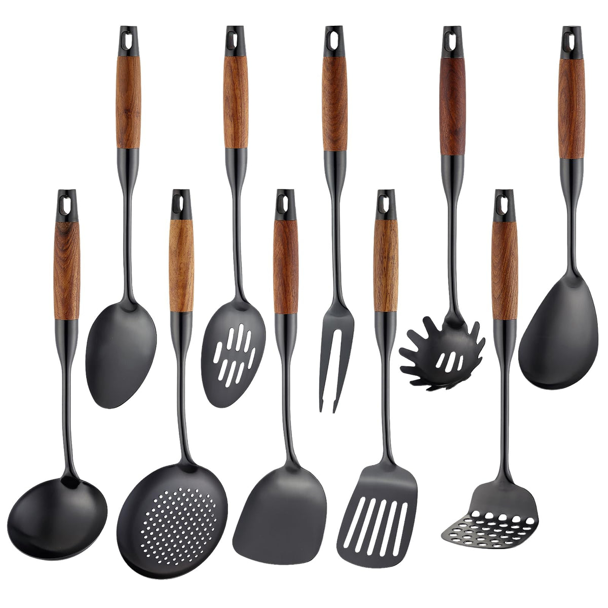 Izurok18/10 Stainless Steel Kitchen Utensils Set,10 Piece Cooking Utensils With Wood Handle,Heat Resistant Kitchen Tool Set With Spatula,Spoon,Ladle,Skimmer,Slotted Turners,Pasta,Turner,Ladl,Fork