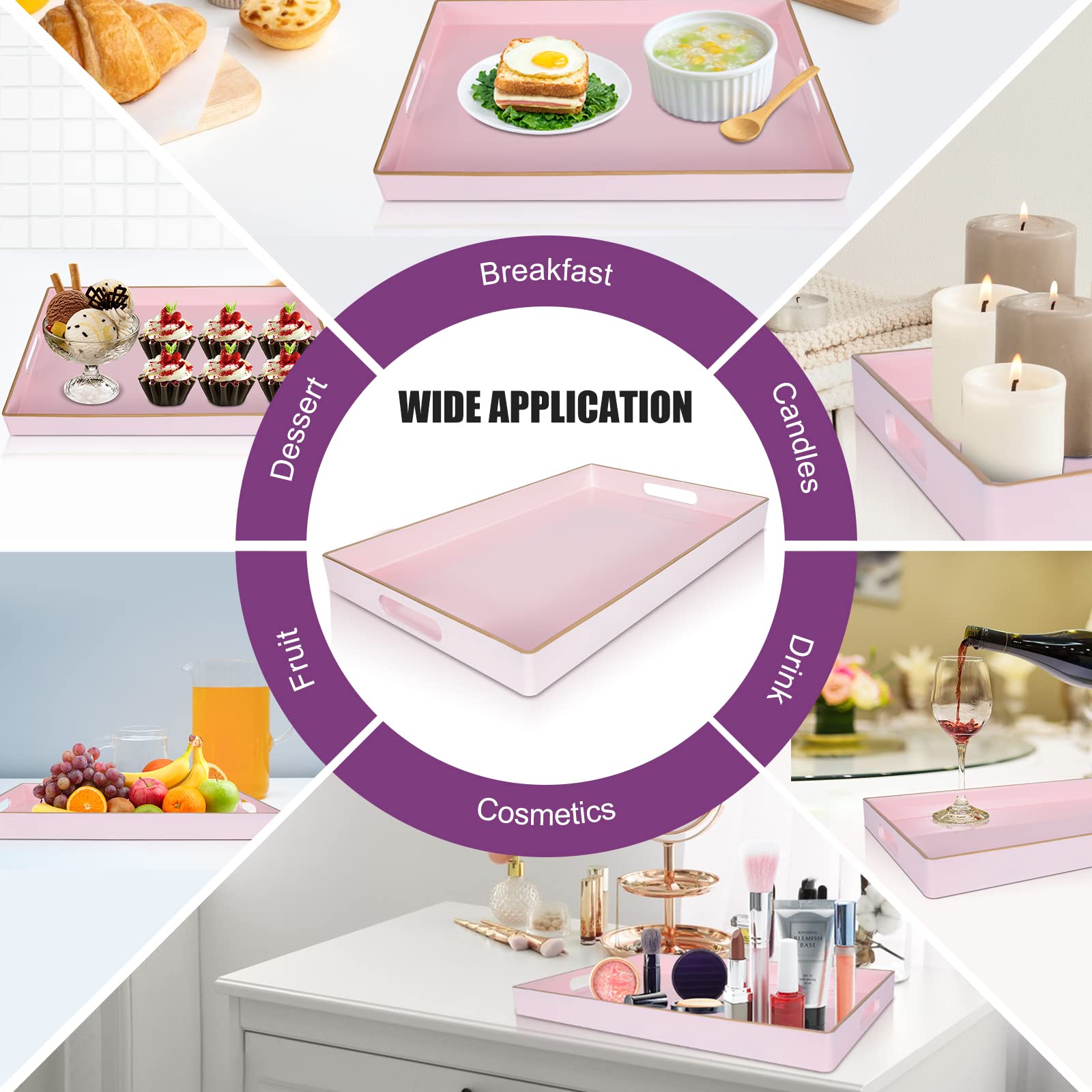 Gifturbo Pink Serving Trays,Decorative Serving Tray with Handles, Coffee Table Rectangular Trays Plastic Tray for Ottoman Bathroom,Living Room, 15.7” x 10.2” x1.37”