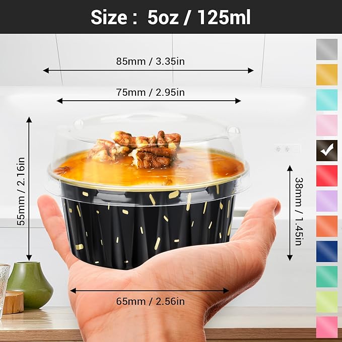 EUSOAR Disposable Ramekins, 200pcs 5oz Aluminum Cupcake Baking Cups Reusable, Mini Muffin Cups Cupcake Liners with Lids, Creme Brulee Containers Mold Tin, for Party Family Gathering Shower Catering