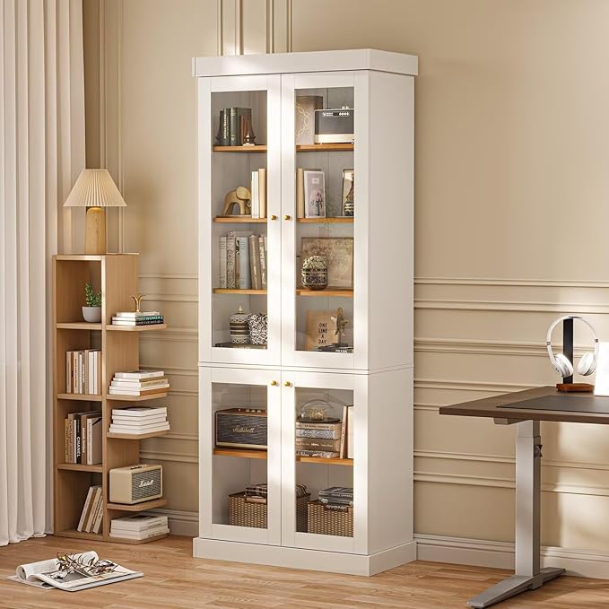 70.8" Tall Farmhouse Kitchen Pantry Cabinet with Glass Doors, Modular Wooden Storage Cabinet with 6-Tier Adjustable Shelves, Hutch for Kitchen or Living Room, Set of 3, White