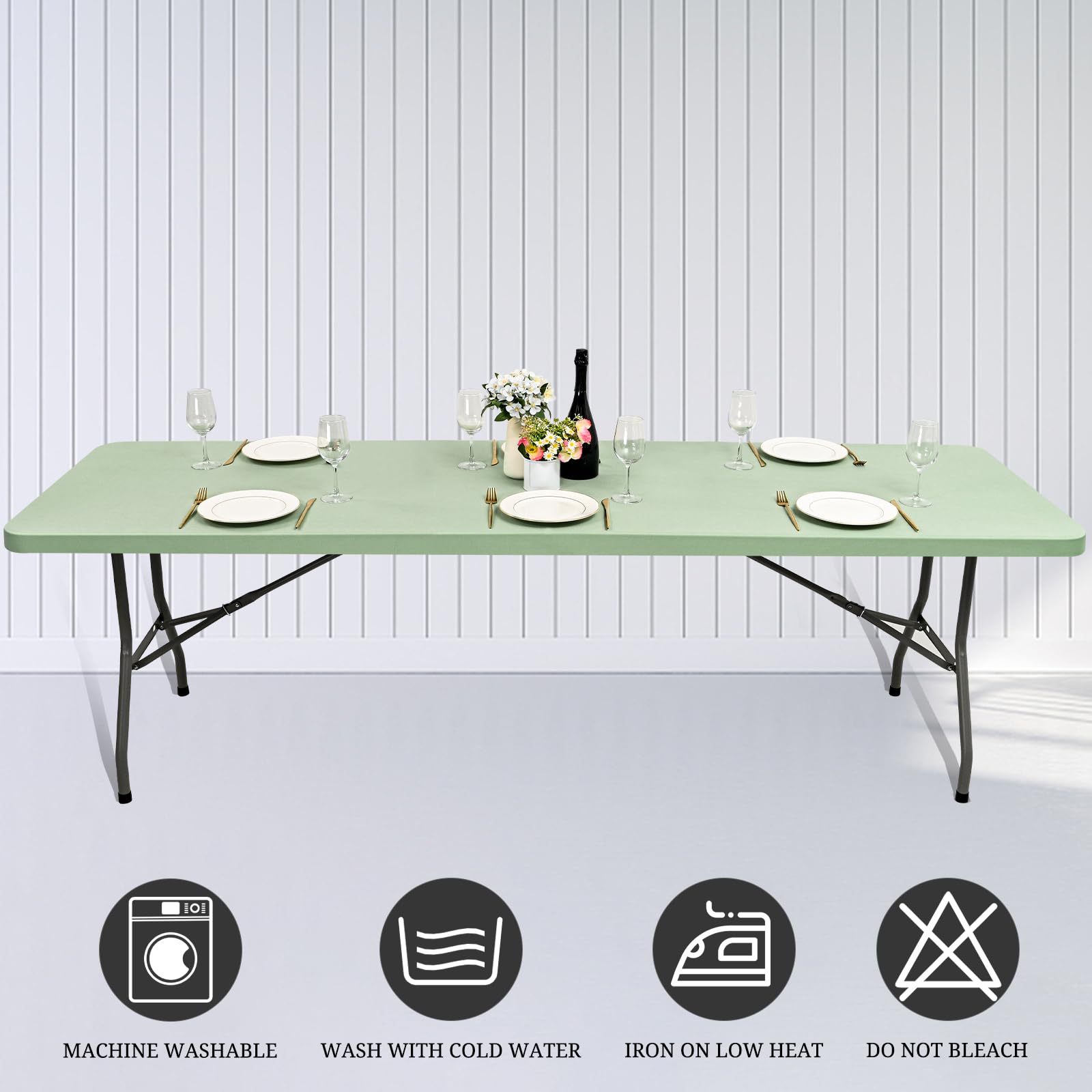 6 Pack Stretch Fabric Table Top Cap Cover, fits 8' Tables, Spandex Table Covers Washable Elastic Rectangle Tablecloth Protector for Indoor Outdoor Party Picnic Wedding, Sage Green, 30" W x 96" L