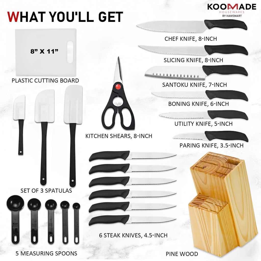 KOOMADE Knife Set With Block, Cutlery Essentials 23 PCS Kitchen Stainless Steel Knife Block Sets With Cutting Board, Shears, Paring, Utility, Santoku, Steak Knives, Dishwasher Safe Cutlery Block Set