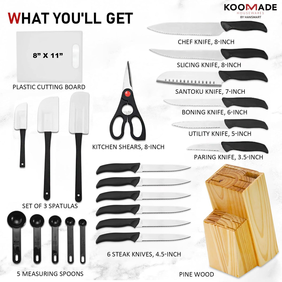 KOOMADE Knife Set With Block, Cutlery Essentials 23 PCS Kitchen Stainless Steel Knife Block Sets With Cutting Board, Shears, Paring, Utility, Santoku, Steak Knives, Dishwasher Safe Cutlery Block Set