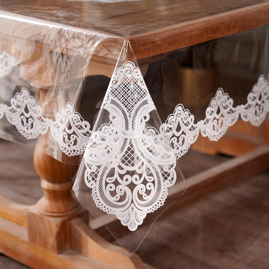 Artbloss Clear Table Cover Protector Vinyl Table Cloth Rectangle Oil Spill Proof Vintage Rustic Plastic Table Covers for Dining Tables (White Lace, 60 x 84 Inches)