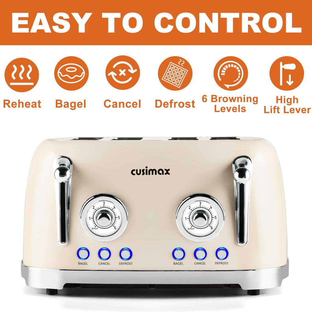 CUSIMAX Toaster 4 Slice, Retro Toaster with Wide Slots for Bagels, Cream