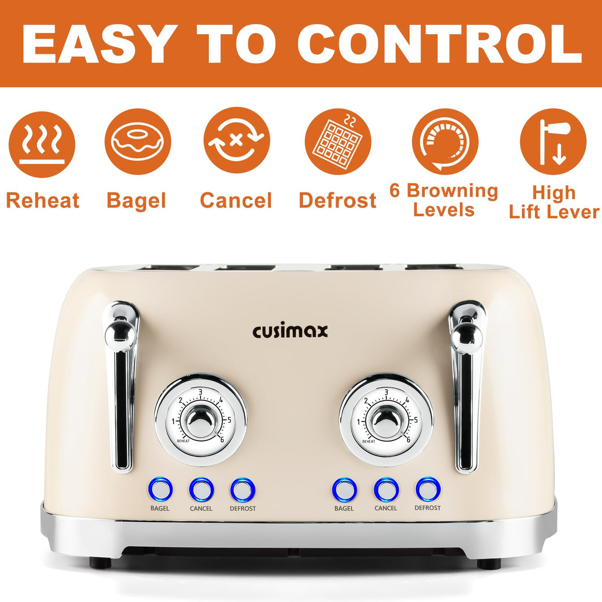 CUSIMAX Toaster 4 Slice, Retro Toaster with Wide Slots for Bagels, Cream