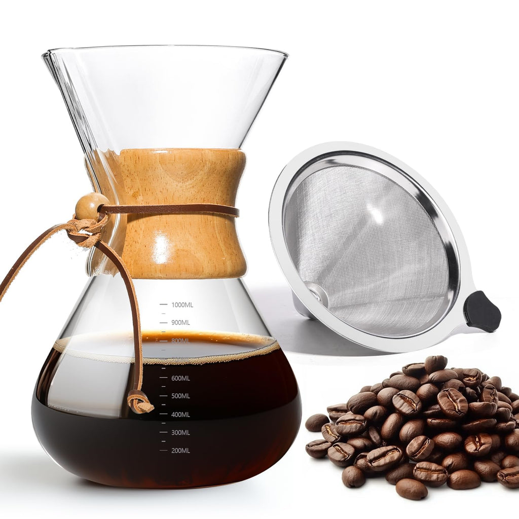 Yopinmall Pour Over Coffee Maker 20 OZ, 6 Cup Borosilicate Glass Drip Coffee Maker with Reusable Stainless Steel Filter and Cork Grip for Home Café 600 ML