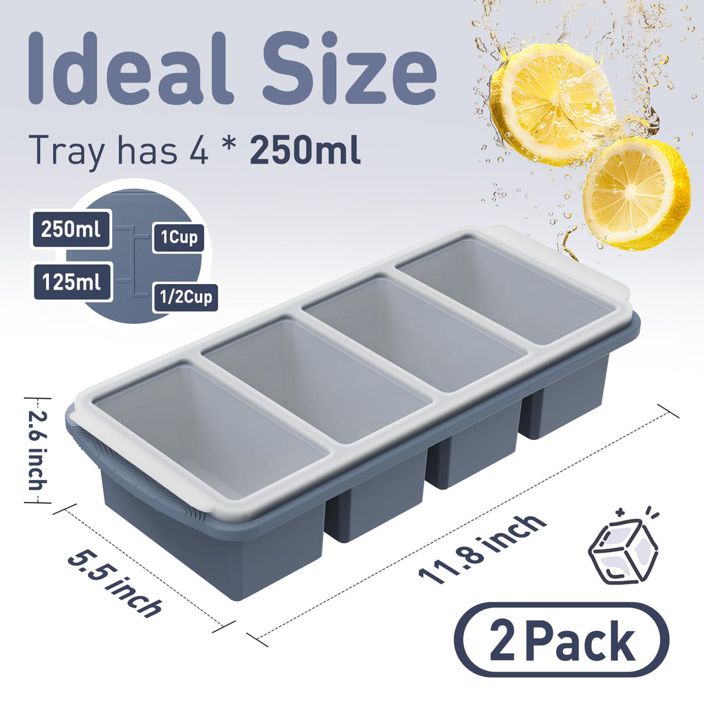 Silicone Freezer Tray with Lid Soup Freezer Container Molds with Steel Reinforced Rim Large Ice Cube Tray Makes 8 Perfect 1 Cup Portions Cubes Storage Food Ice Block Molds New Home Essentials