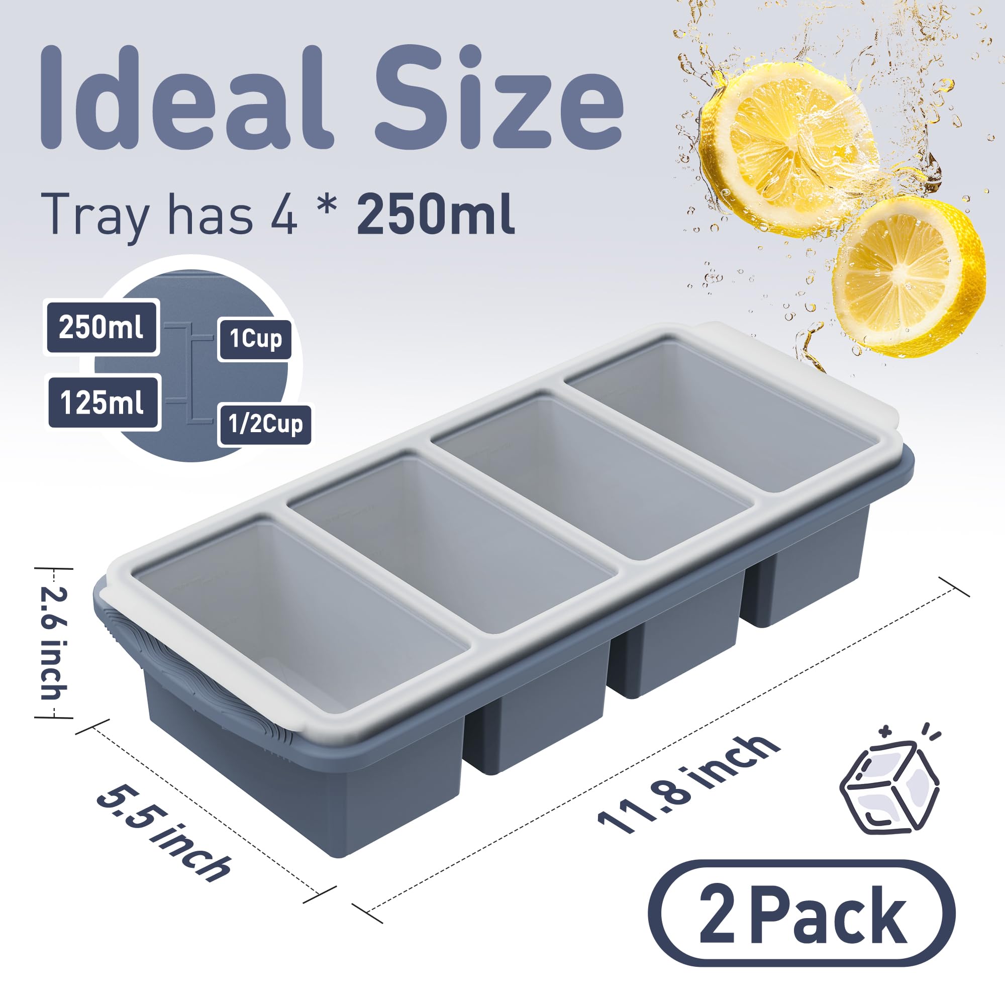 Silicone Freezer Tray with Lid Soup Freezer Container Molds with Steel Reinforced Rim Large Ice Cube Tray Makes 8 Perfect 1 Cup Portions Cubes Storage Food Ice Block Molds New Home Essentials