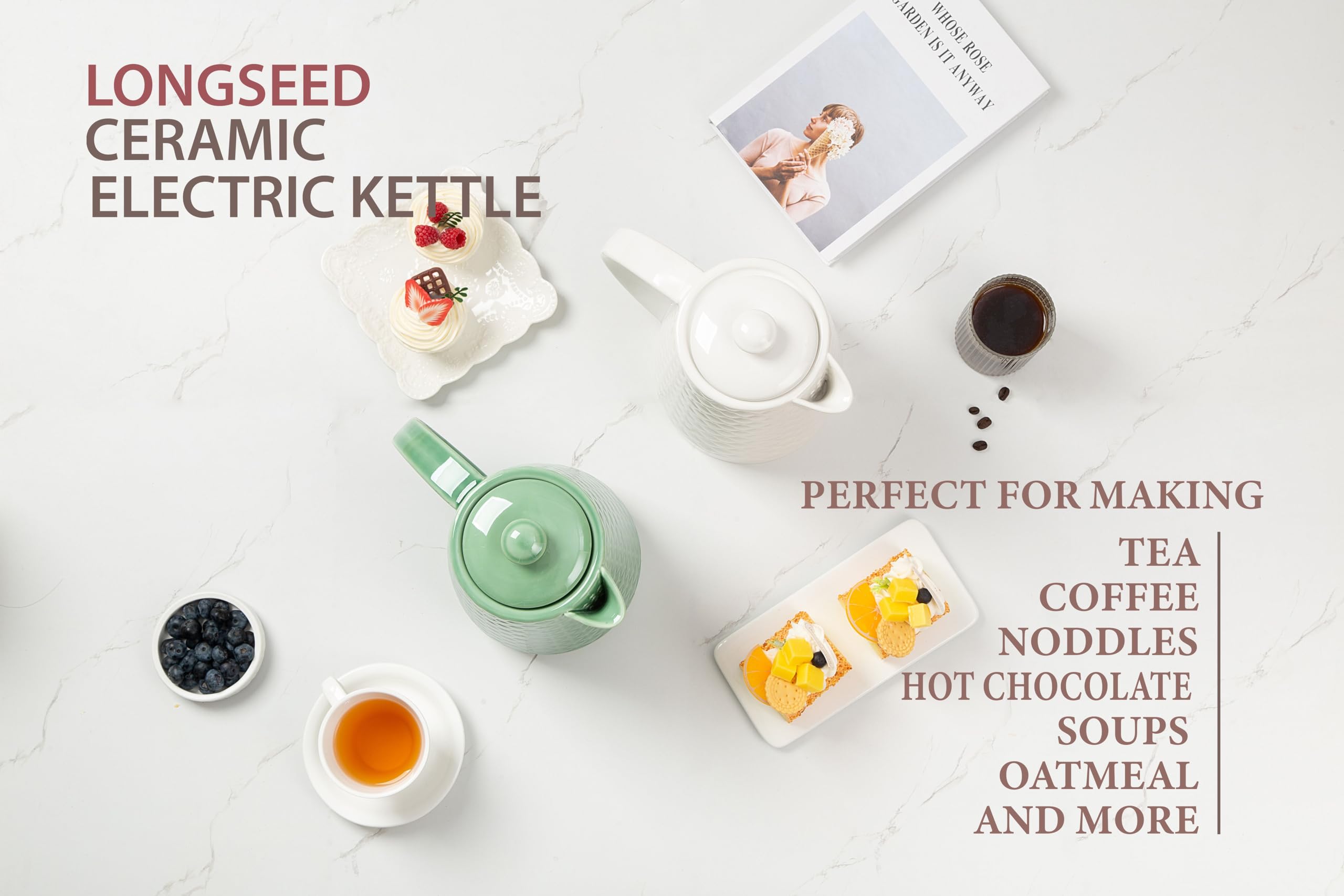 LONGSEED Ceramic Electric Kettle, 1.5L/1200W Boil Water Quickly and Easily with Boil-Dry Protection Auto Shut Off, Detachable Swivel Base, Green Relief Carving