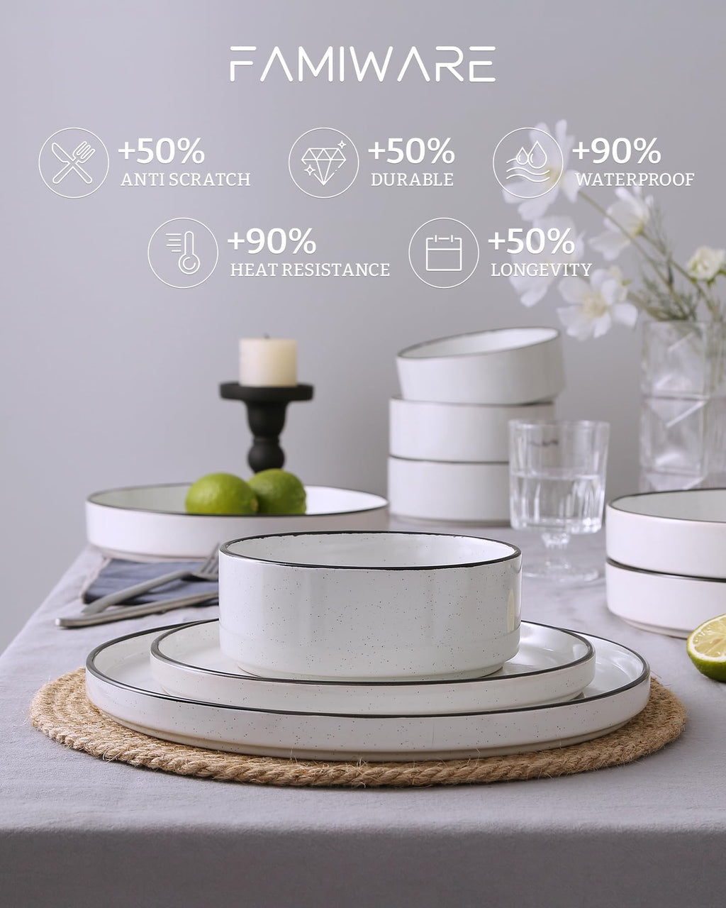Famiware Nebula 12-Piece Dinnerware Set, White with Black Rim