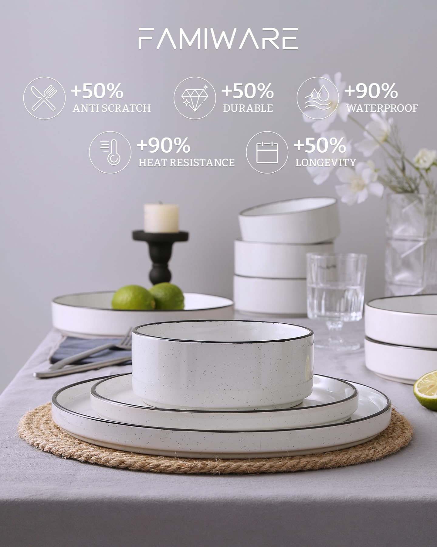 Famiware Nebula 12-Piece Dinnerware Set, White with Black Rim