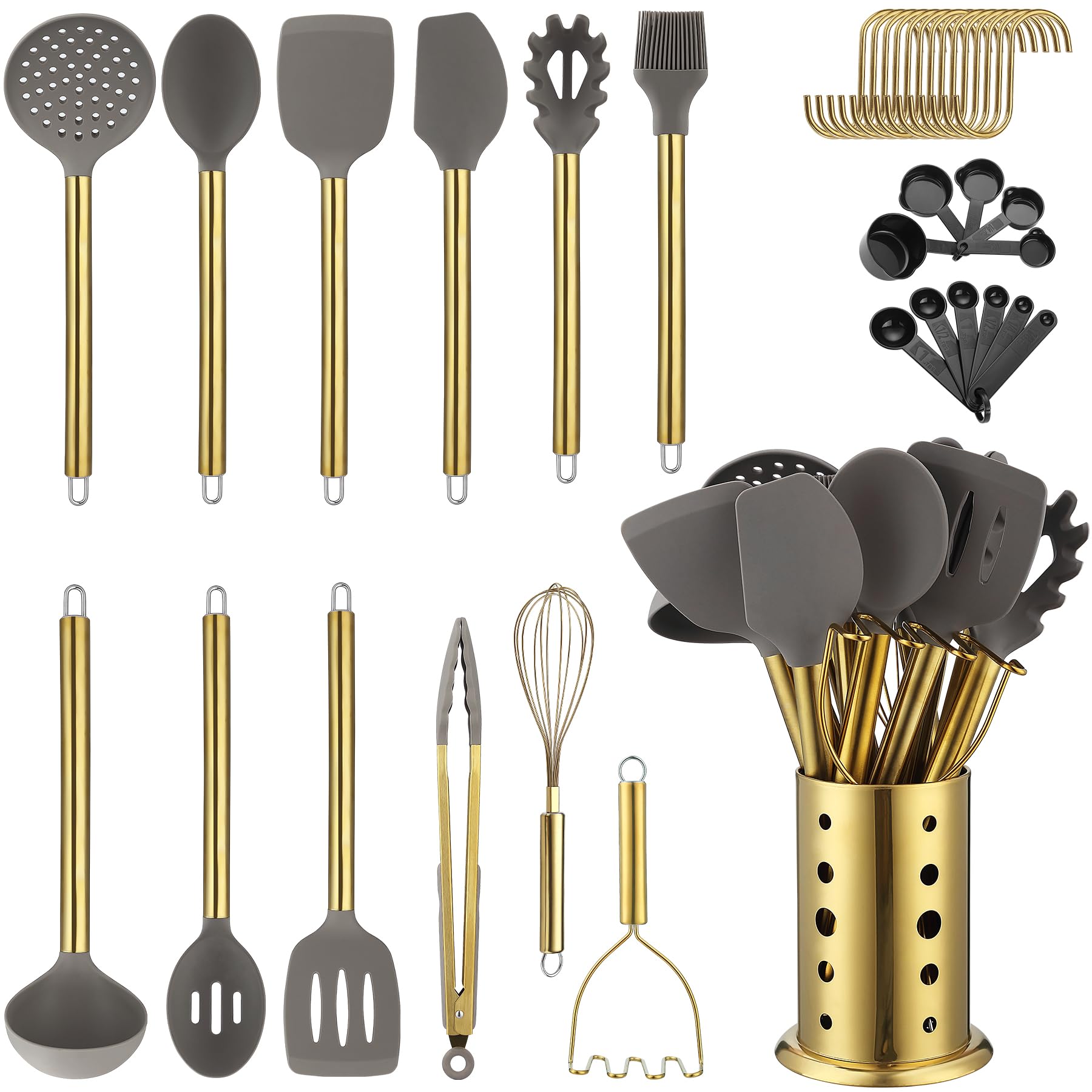Gold Kitchen Utensils Set, Kyraton 38 Pieces Non-Stick Silicone Cooking Utensils Set, Spoon Spatula Set with Sturdy Stainless Steel Utensil Holder, Dishwasher Safe