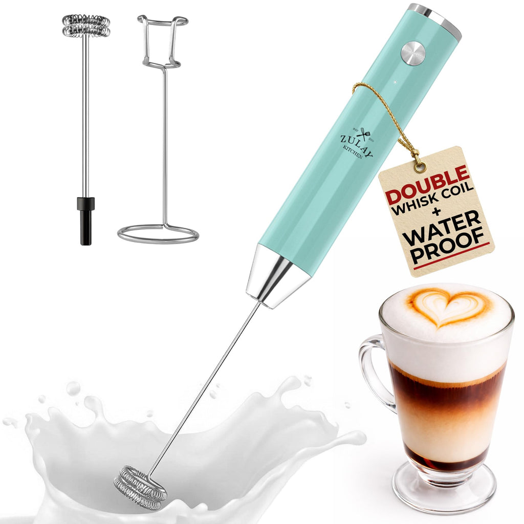 Zulay Kitchen Powerful Milk Frother Wand With Duracell Batteries - Ultra Fast Handheld Drink Mixer - Electric Whisk Foam Maker for Coffee, Lattes, Cappuccino & Matcha - Z1 Motor - Aqua