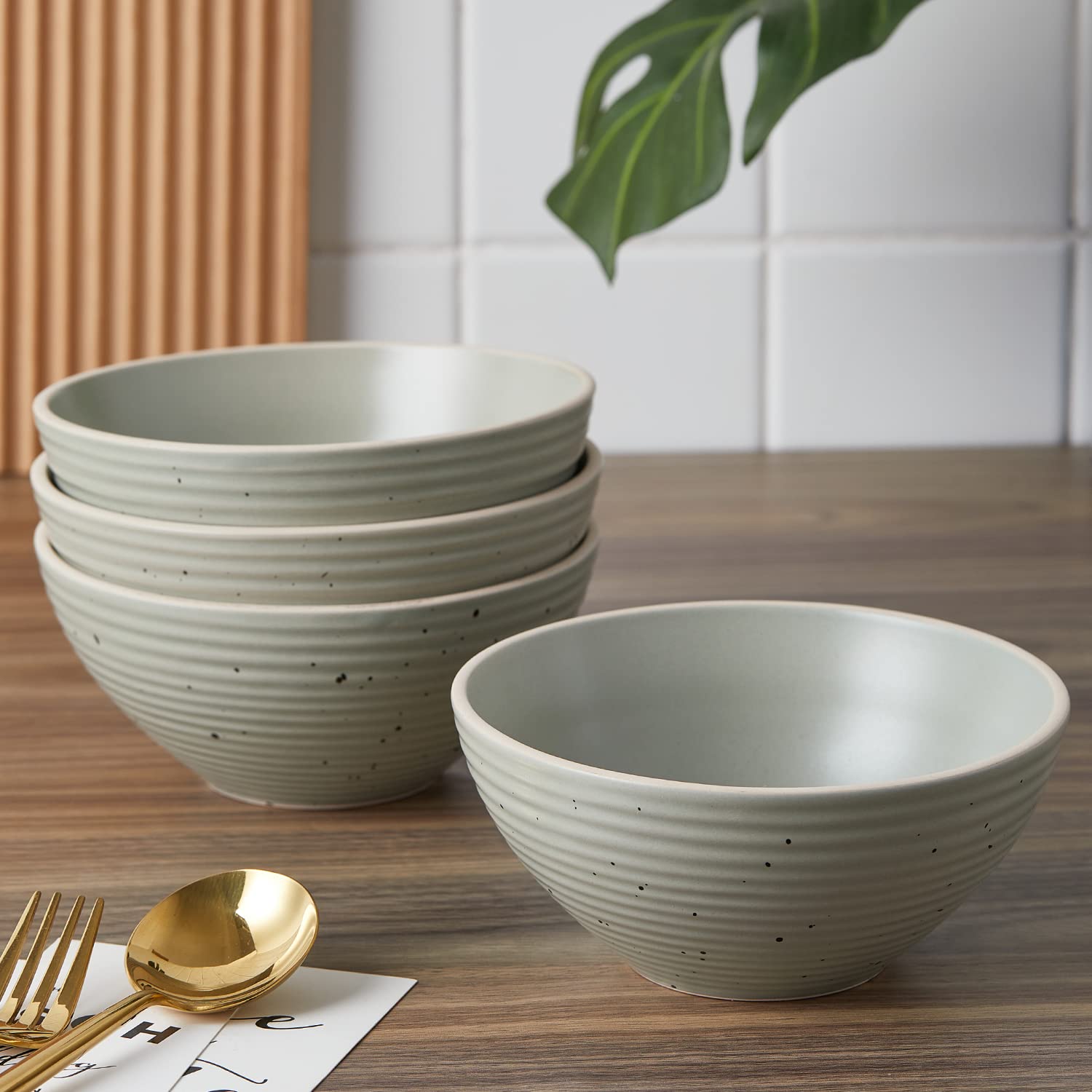 Stone Lain Lauren Stoneware, Rustic Plates and Bowls Set, Dinnerware, Service for 8, Speckled Green, Dishwasher & Microwave Safe, 32-Piece