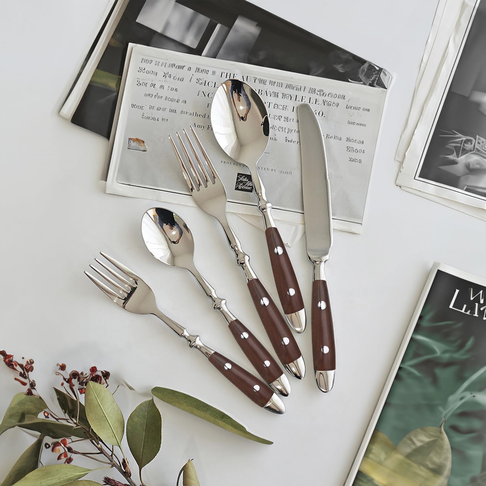 QUEARI 20-Piece Silverware Set Service for 4 with Two Rivets, Vintage Flatware Set, Stainless Steel Cutlery Set with Coffee-colored Bakelite Handle, Dishwasher Safe, Light Brown Color