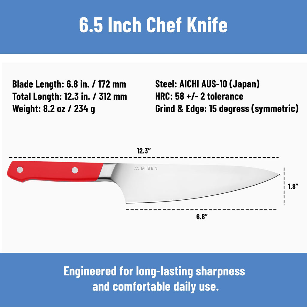 Misen 6.8" Chef Knife – High Carbon Japanese AUS-10 Stainless Steel – Hybrid German & Japanese Blade – Precision Kitchen Knife for Professionals & Home Cooks – Ultimate Cutting Performance - Red