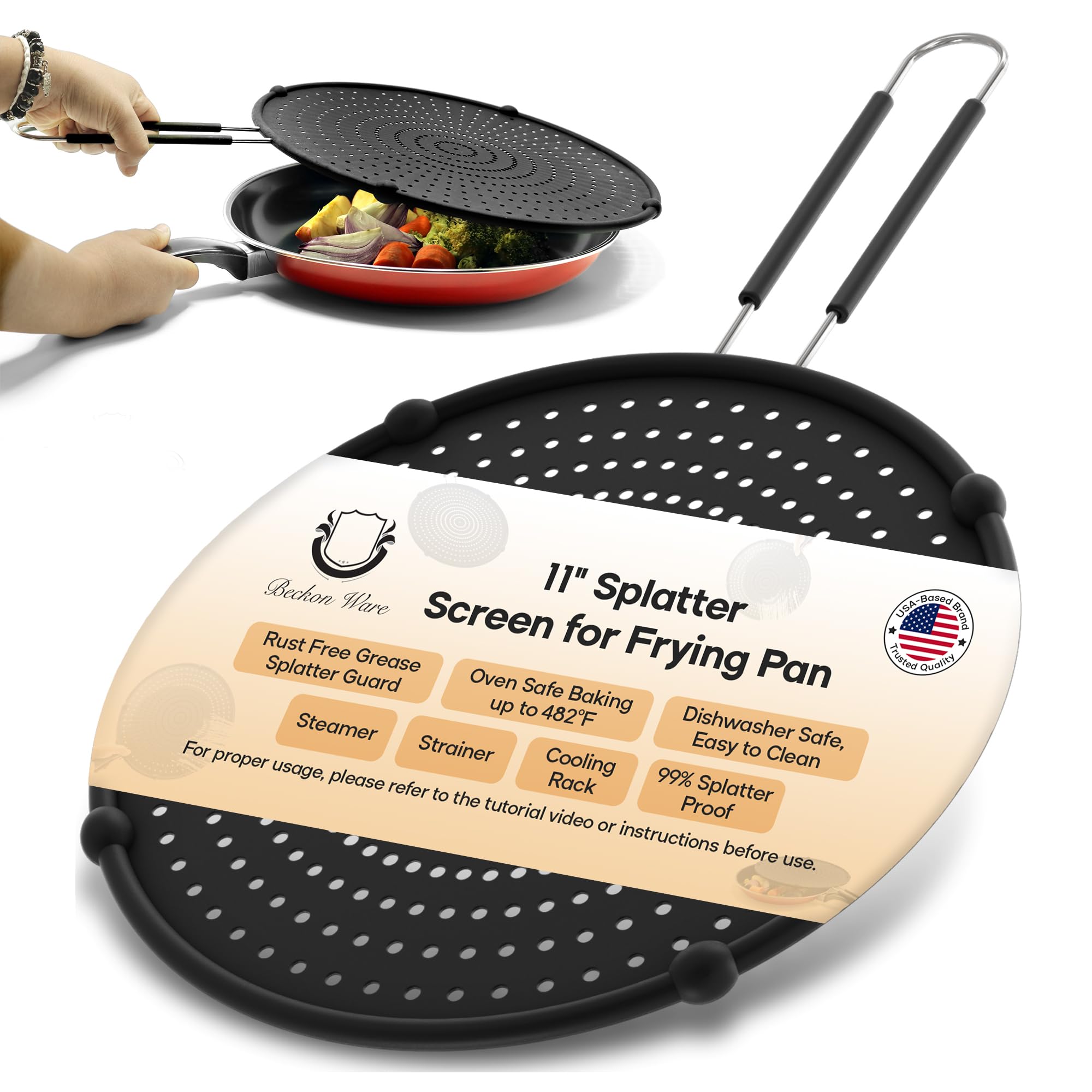 Splatter Screen for Frying Pan -11-Inch Silicone Grease Splatter Guard for 9"-11" Pans- |USA Brand|