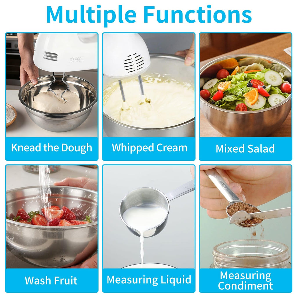 WEPSEN Hand Mixer Electric Mixing Bowls Set, 5 Speeds Handheld Mixer with 4 Nesting Stainless Steel Mixing Bowl, Measuring Cups Spoons 200W Kitchen Blender Whisk Beater Baking Supplies For Beginner