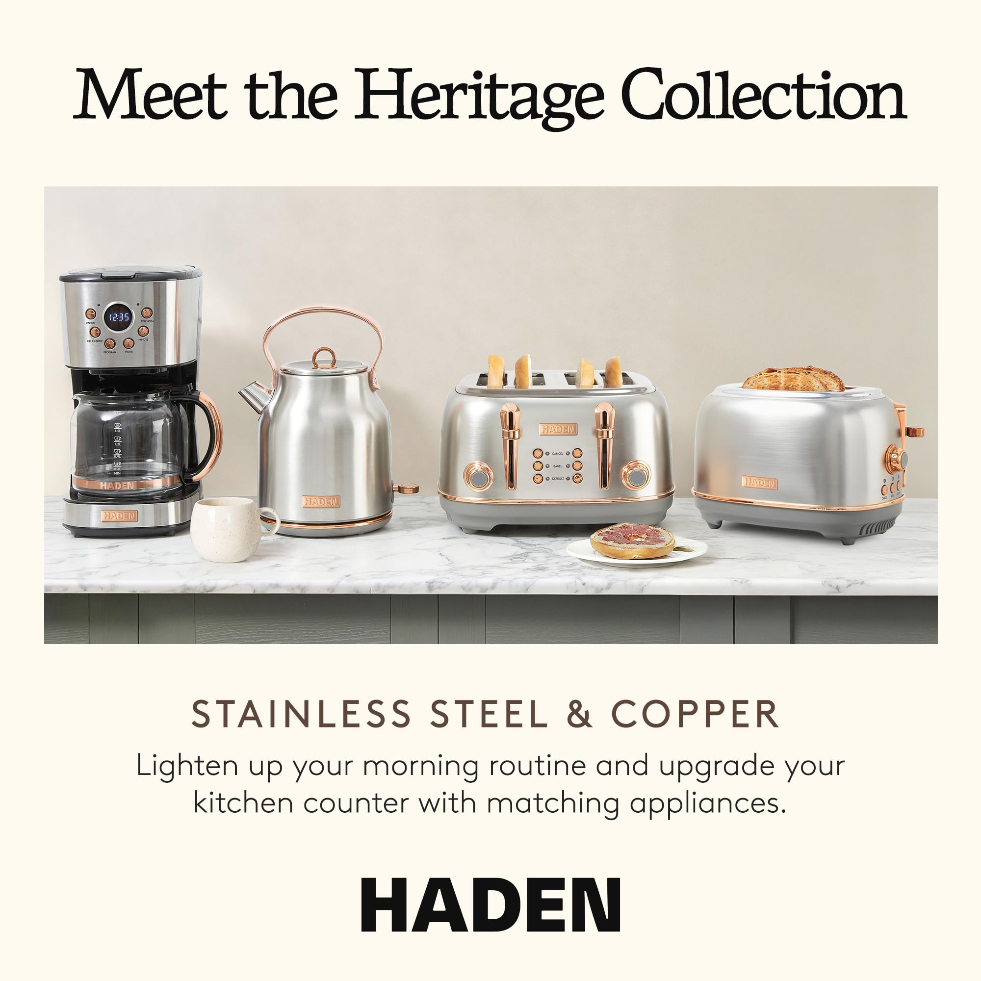 Haden Heritage 1.7 Liter Stainless Steel Electric Kettle, Hot Water Kettle with 360-Degree Base and Auto Shutoff, Steel & Copper